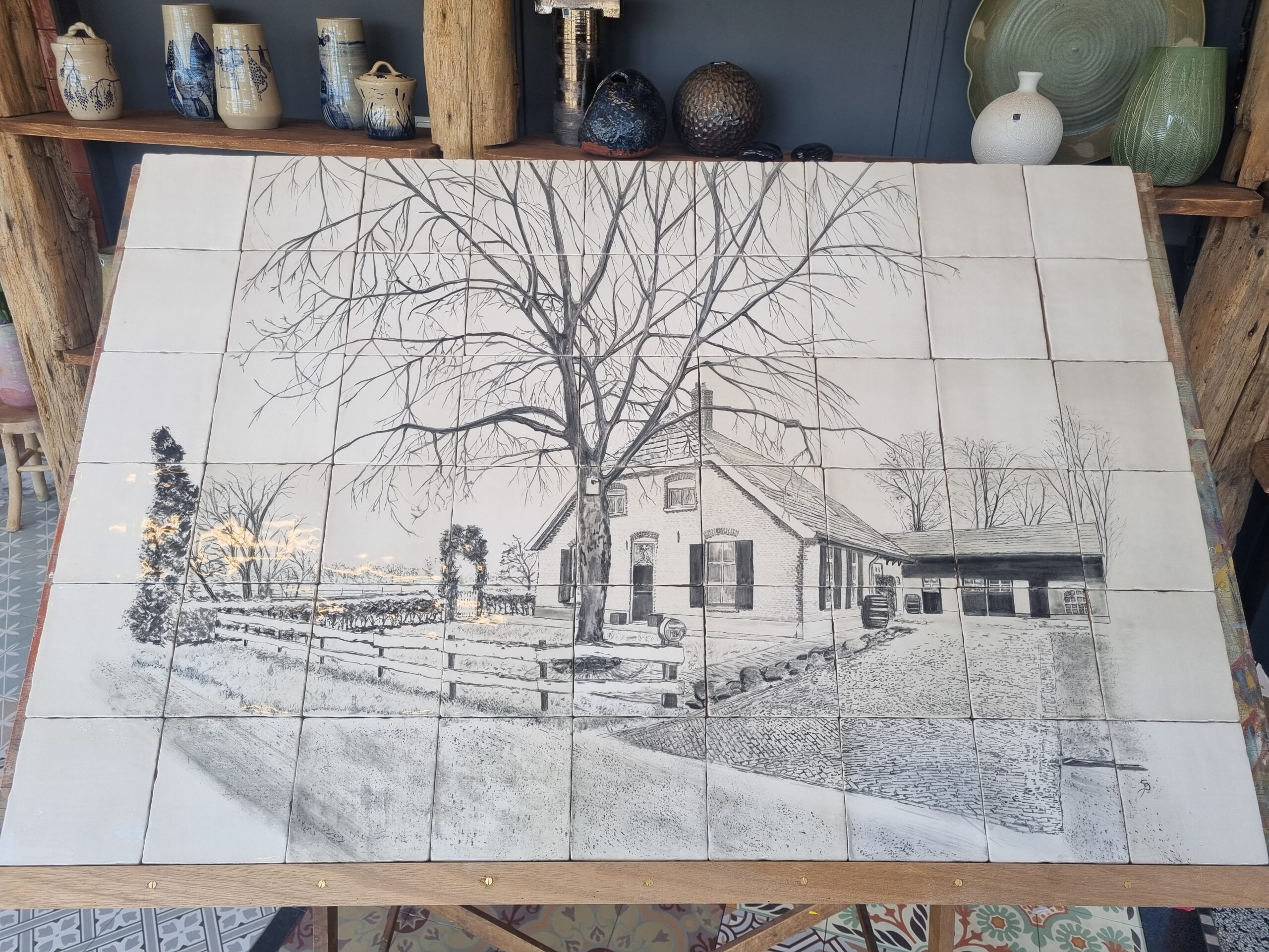 plateel schilderij op tegels met een afbeelding van een boerderij